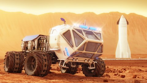 The cargo rover is moving on the surface of Mars. Starship in the background. 4K footage