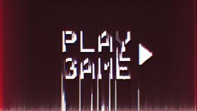Play Game sign blinking. VHS dynamic noise effect. Video distortions and artifacts. Videocassette recorder, VCR. Glitches on old  damaged type or cassette. Static TV noise. Seamless loop 4K animation