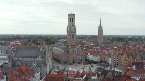 Bruges, Belgium Belfry Belltower Establisher wide view from aerial perspective