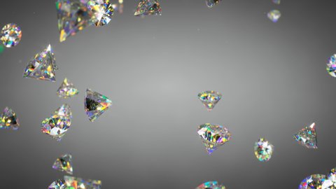 Colorful shining brilliant diamonds are falling. 3D render seamless loop animation