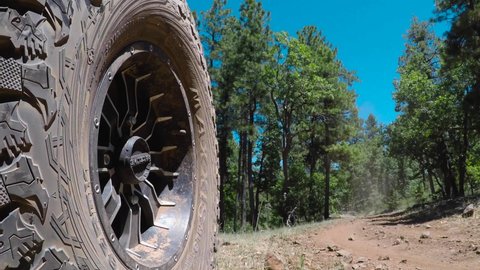Sedona, AZ, USA- 7/8/20: Close of the wheel of a Side by Side at an off-road route through the mountains of Arizona. 