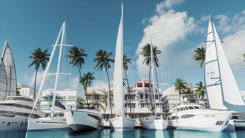 Docked luxury yacht Boat in a port. Yacht club with palm trees background | Shutterstock HD Video #1060843246