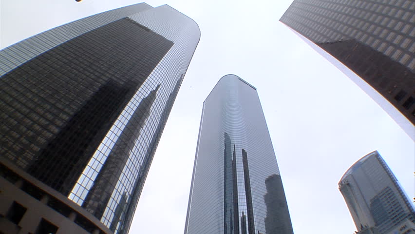 looking directly up at towering skyscrapers in downtown Los Angeles using a