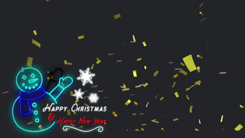 Animation of Happy Christmas and Happy New Year text with neon snowman, gold confetti falling on black background. Christmas and New Years Eve celebration festivity concept digitally generated image - Powered by Shutterstock - Get 15% off with code: PIKWIZARD15