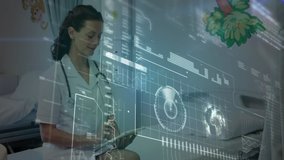 Computer digital interface and data processing against female doctor with stethoscope around her neck smiling using digital tablet while sitting on hospital bed. medicine research science and global  - Powered by Shutterstock - Get 15% off with code: PIKWIZARD15