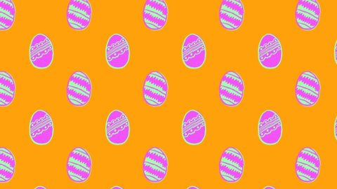 Animation of patterned Easter eggs moving in rows in seamless loop on orange background. Easter celebration concept digitally generated image.の動画素材