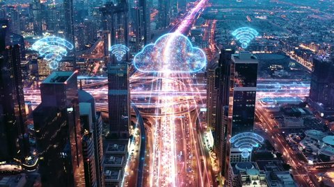 AI 5G Application Wifi Network Information Clouds Aerial Drone Flight During Rush Hour Night Traffic Digital World World Of Tomorrow 5g Network Drone Low Light 4k
