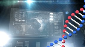 Animation of a 3d double helix DNA strand rotating in seamless loop over screen with data processing and world map in the background. Global biology research science concept digitally generated image. - Powered by Shutterstock - Get 15% off with code: PIKWIZARD15