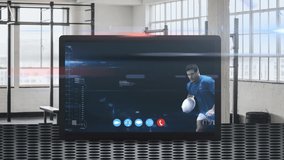 Animation of digital display of tablet computer showing life streaming of male rugby player catching a ball, data processing, with coronavirus Covid 19 spreading. Fitness vlogging social distancing an - Powered by Shutterstock - Get 15% off with code: PIKWIZARD15