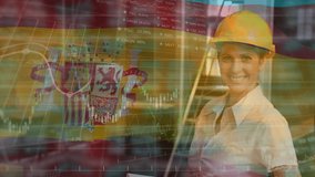 Animation of financial data processing with a Spanish flag waving over construction site worker in the background. Global business finance network interface concept digital composite - Powered by Shutterstock - Get 15% off with code: PIKWIZARD15