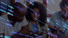 Animation of data processing over man using laptop with two female colleagues in office. Global online network digital interface concept digitally generated image. - Powered by Shutterstock - Get 15% off with code: PIKWIZARD15