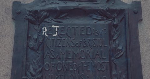 Bristol, UK - June 07 2020: Defaced plaque of Edward Colston statue after Black Lives Matter march
