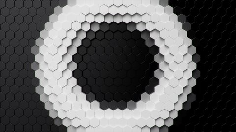 Animation appearance and disappearance of white geometric hexagonal. Surface polygon pattern honeycomb. Abstract black hexagons. Futuristic abstract background. Looping Seamless 3D Animation