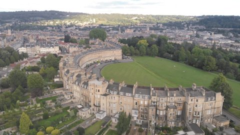 Aerial drone view of Royal Crescent, Bath, Somerset UK