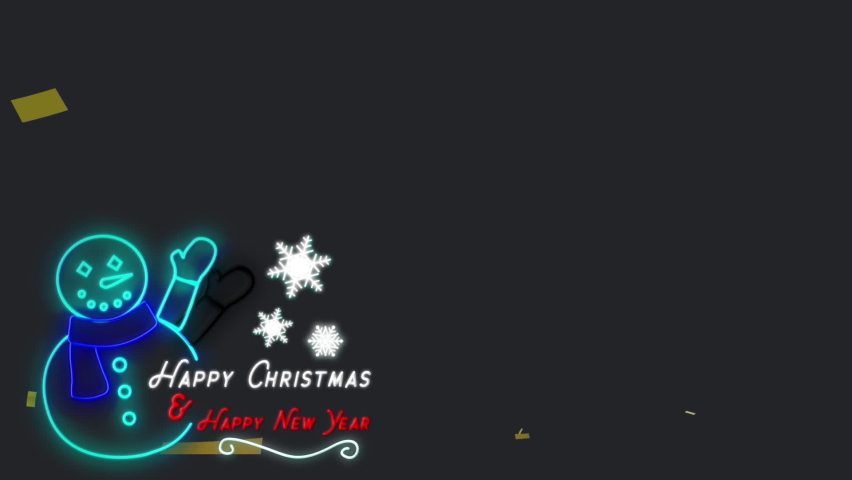 Animation of Happy Christmas and Happy New Year text with neon snowman, gold confetti falling on black background. Christmas and New Years Eve celebration festivity concept digitally generated image - Powered by Shutterstock - Get 15% off with code: PIKWIZARD15