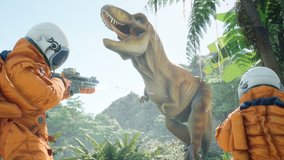 Tyrannosaurus Rex dinosaur attack on two astronauts-travelers in prehistoric alien Jurassic Period. Animation for fantasy, science fiction, or space backgrounds. - Powered by Shutterstock - Get 15% off with code: PIKWIZARD15