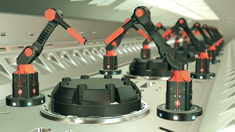 Industry artificial intelligence robots in an modern automated industry 4.0. 3D animation video loop.