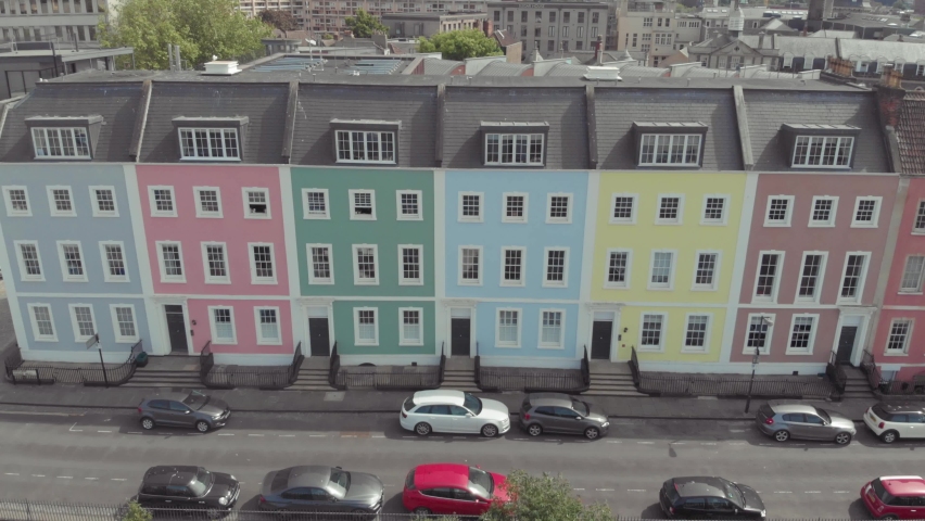 Row of multicoloured terraced houses in Bristol, England - Aerial drone shot  | Shutterstock HD Video #1060867432