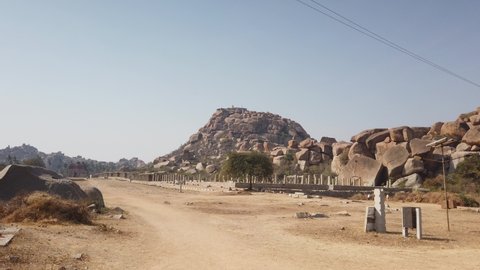 Tracking Shot of Archaeological Ruins at Hampi, Karnataka, India.
