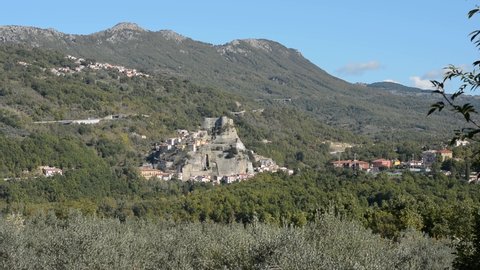 Landscape of Molise region, small town of Cerro al Volturno with famous castle, Italy