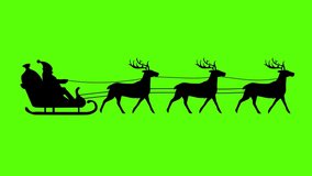 silhouette of Santa Claus pulled by reindeer, green screen animation