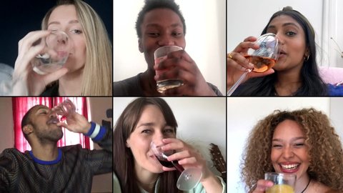 Group of six friends saying cheers over video chat 