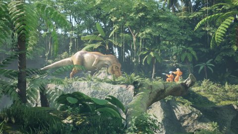 Astronauts battle the dinosaur Tyrannosaurus Rex in a prehistoric alien jungle. Animation for fantasy, science fiction, or space backgrounds.