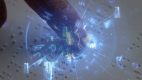 Animation of globe spinning and dial with data processing over finger touching book written in Braille. Global science learning education concept digitally generated image. - Powered by Shutterstock - Get 15% off with code: PIKWIZARD15