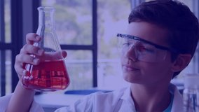 Animation of molecules, scientific data processing over schoolboy holding beaker and experimenting in laboratory. Global science learning education concept digitally generated image. - Powered by Shutterstock - Get 15% off with code: PIKWIZARD15