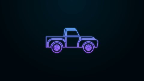 Glowing neon line Pickup truck icon isolated on black background. 4K Video motion graphic animation