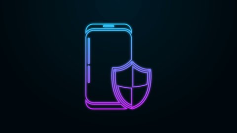Glowing neon line Smartphone, mobile phone with security shield icon isolated on black background. Security, Security, safety, protection concept. 4K Video motion graphic animation