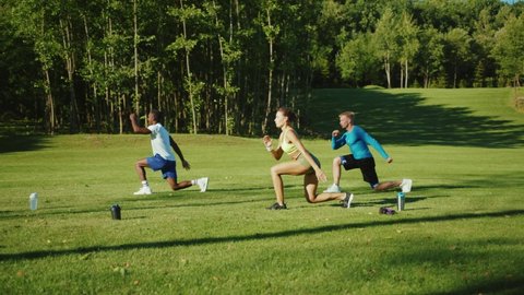 Attractive group of three athletic multi-race people doing physical exercises warming up their muscles for intensive workout. Team in sports. Active people lifestyle.