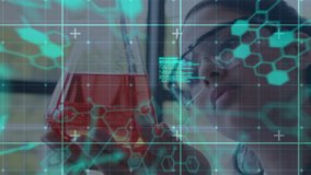Animation of scientific data processing over schoolgirl holding beaker and experimenting in laboratory. Global science learning education concept digitally generated image. - Powered by Shutterstock - Get 15% off with code: PIKWIZARD15