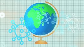 Animation of globe spinning and coronavirus  cells floating on squared paper in the background. Global Covid 19 pandemic back to school education concept digitally generated image. - Powered by Shutterstock - Get 15% off with code: PIKWIZARD15