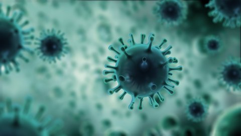 3D render Microscope View of Coronavirus COVID-19. Danger of a Pandemic Flu Virus Infecting Human Cells. Microscopic view of infectious omicron virus cells.