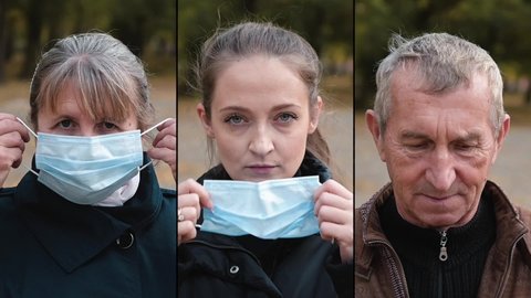 Group of people put on medical masks on their faces