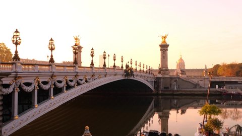 Paris, France. October 18. 2020. Historical monument. Bridge Alexandre 3 at sunrise. Located in the tourist district of Les Invalides.