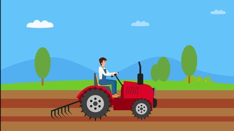 Male farmer animation plowing the farmland with a tractor for planting agriculture. Shot in 4k resolution