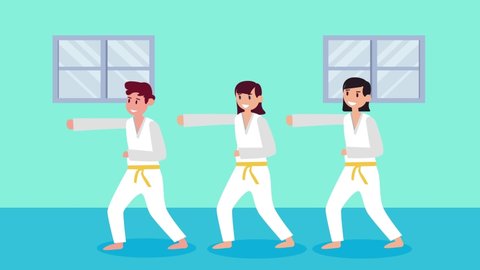Group animation of three kids practicing a punching technique while standing together in the karate class. Shot in 4k resolution