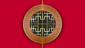 Oriental style doors opening with golden Happy Chinese New Year texts in the middle on dark pattern background 