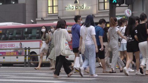 Seoul/South Korea - 2020 - young Koreans walking around Gangnam during Covid-19