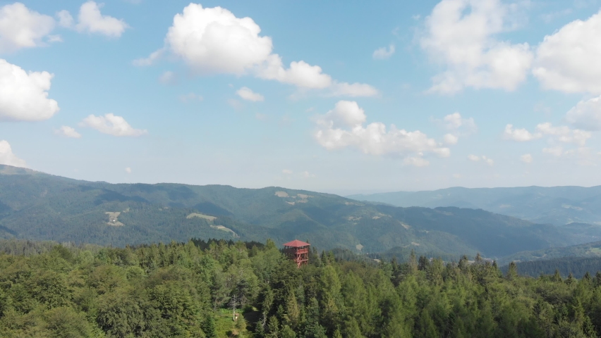 Observation tower on mountain Eliaszowka in Beskid Sadecki, Poland.