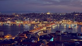 Istanbul panorama time lapse from Galata Tower at blue hours and evening. Clip includes Galata Bridge, old mosques, traffic of cars, boats, trams and city lights. Istanbul, Turkey