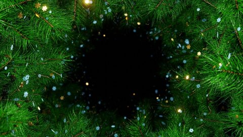 New year and Christmas 2021, 2022 BAckground. Green of  Christmas tree branches with gold and white snowflakes. 4K 3D loop animation