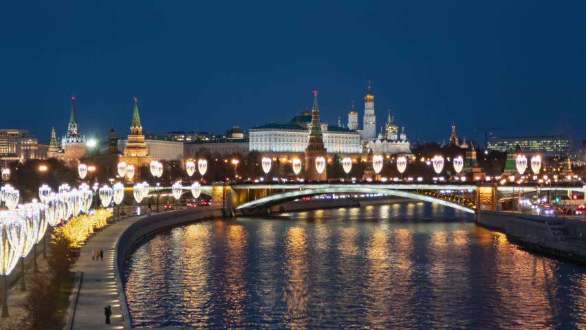 Moscow Kremlin and Moskva river evening hyper lapse, Russia.