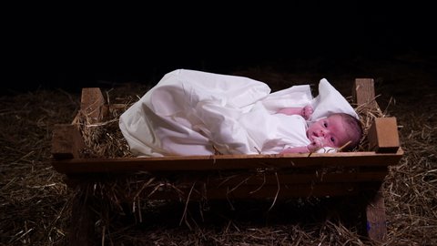 4K Dolly: Baby Jesus laying in a Manger with straw and Hay. Christmas Nativity Scene in the stable.