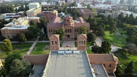 Los Angeles / United States - 10 03 2020: UCLA campus, Instructional Media building, aerial flight over courtyard