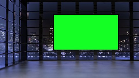 3D virtual TV studio with panoramic city skyline view at night with green screen and floodlights