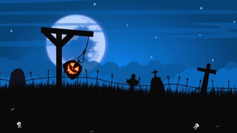 Halloween background 4K 60 fps animation. Dark blue scary graveyard with pumpkin, skulls and crossbones, graves etc. Funny horror flat video.	
