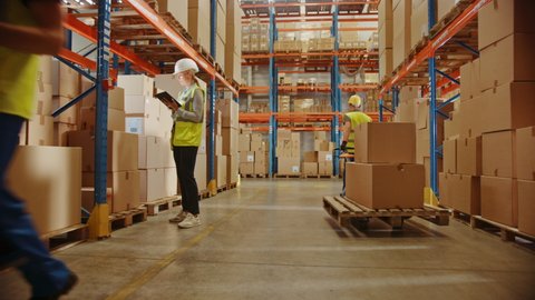 Retail Warehouse full of Shelves with Goods in Cardboard Boxes, Workers Scan and Sort Packages, Move Inventory with Pallet Trucks and Forklifts. Product Distribution Logistics Center. Ground Shot